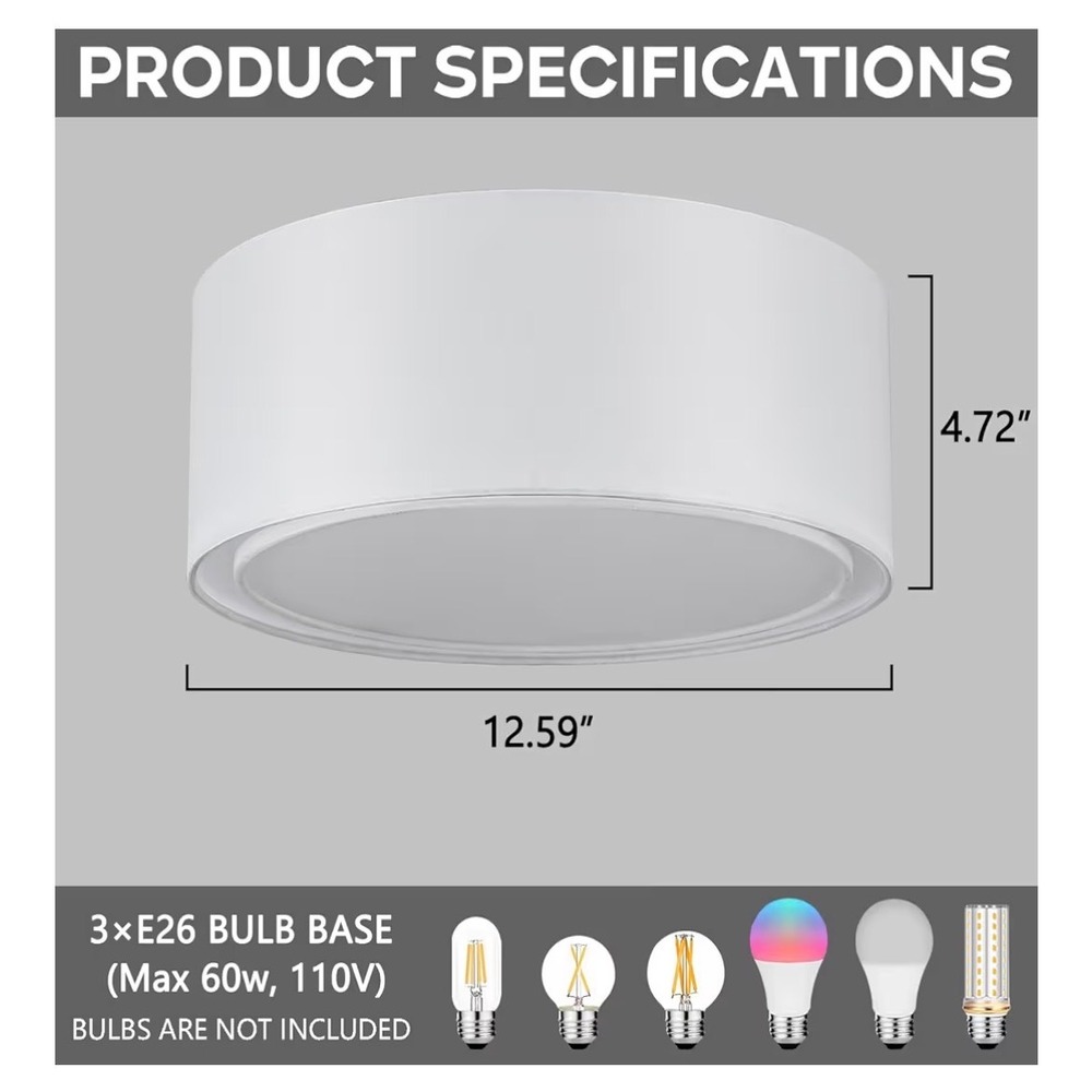 Amazon‎ 13 Inch White Fabric Linen Flush Mount Ceiling Light 3-Light Double Drum - Picture 2 of 5